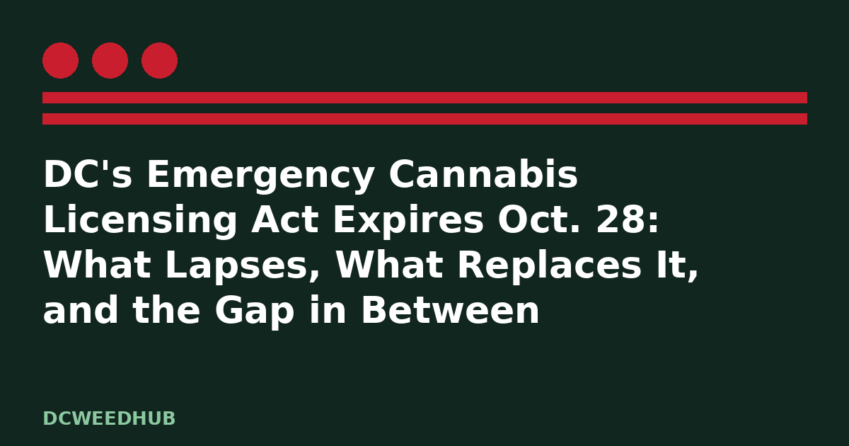 Dc cannabis emergency act expires: illustrative DCWeedHub graphic for “DC's Emergency Cannabis Licensing Act Expires Oct. 28: What Lapses, What Replaces It, and the Gap in Between”, DC flag stars and bars motif
