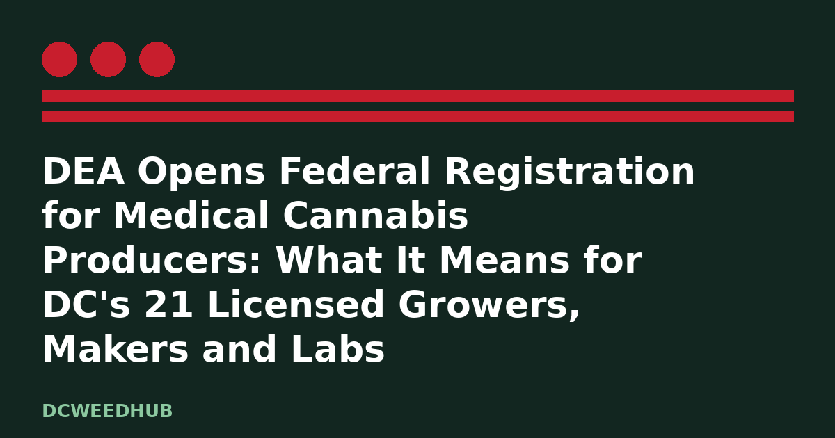 Dea form 225 cannabis: illustrative DCWeedHub graphic for “DEA Opens Federal Registration for Medical Cannabis Producers: What It Means for DC's 21 Licensed Growers, Makers and Labs”, DC flag stars and bars motif