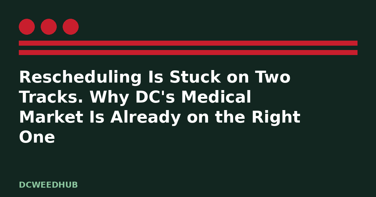 Marijuana rescheduling update: illustrative DCWeedHub graphic for “Rescheduling Is Stuck on Two Tracks. Why DC's Medical Market Is Already on the Right One”, DC flag stars and bars motif