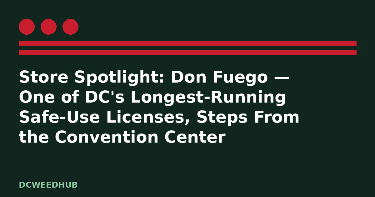 Don fuego dc: illustrative DCWeedHub graphic for “Store Spotlight: Don Fuego — One of DC's Longest-Running Safe-Use Licenses, Steps From the Convention Center”, DC flag stars and bars motif