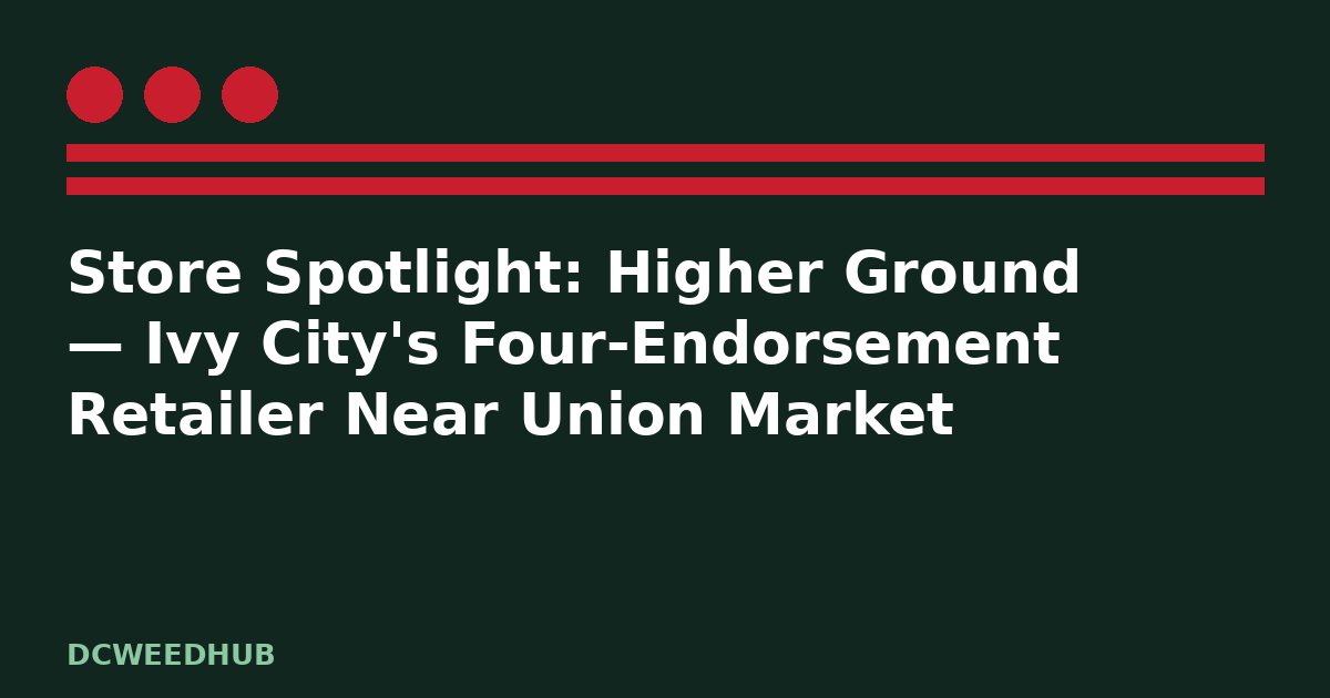 Higher ground dc dispensary: illustrative DCWeedHub graphic for “Store Spotlight: Higher Ground — Ivy City's Four-Endorsement Retailer Near Union Market”, DC flag stars and bars motif