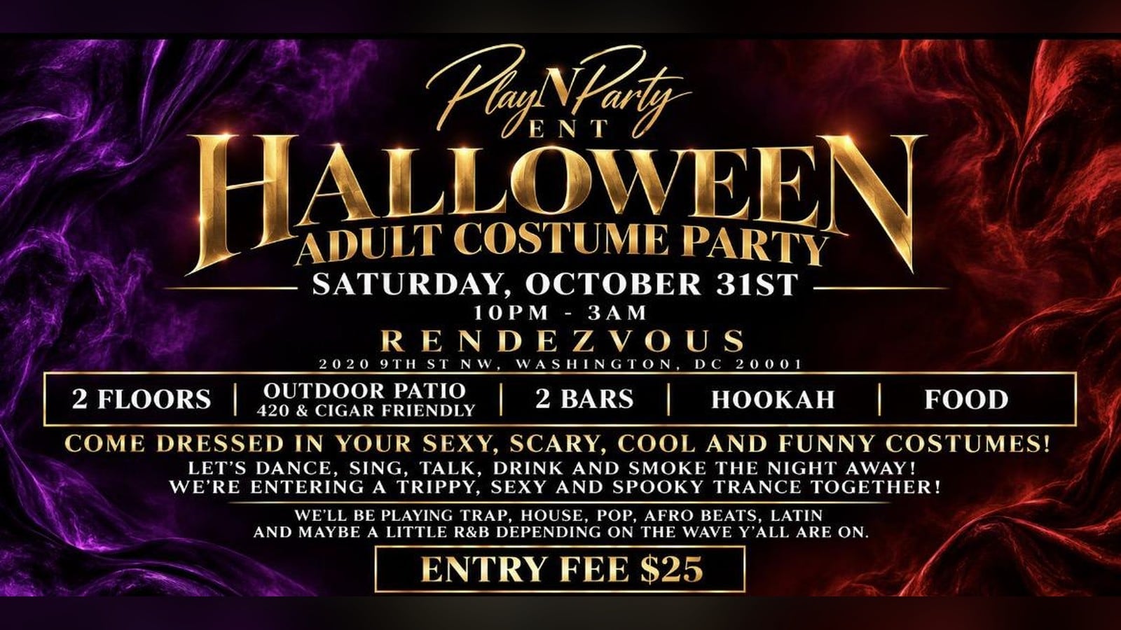 PlayNParty ENT Halloween Adult Costume Party flyer – Rendezvous, Washington DC